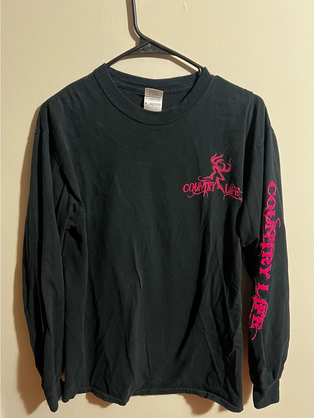 Gildan Black Long-Sleeve Tee with Pink 'Country Life' Graphics